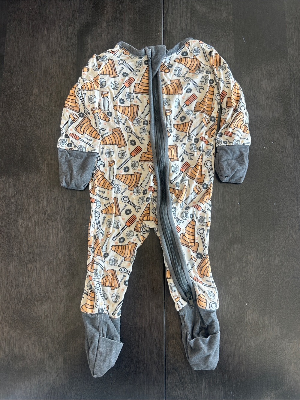Cozy Construction-Print Footed One-Piece in Gray